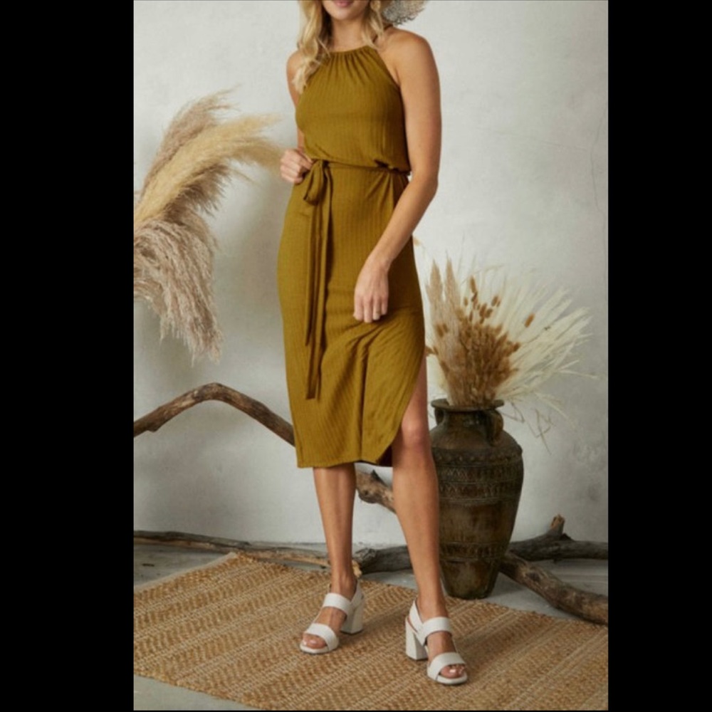 Olive Ribbed Midi Dress - Picture 2 of 8